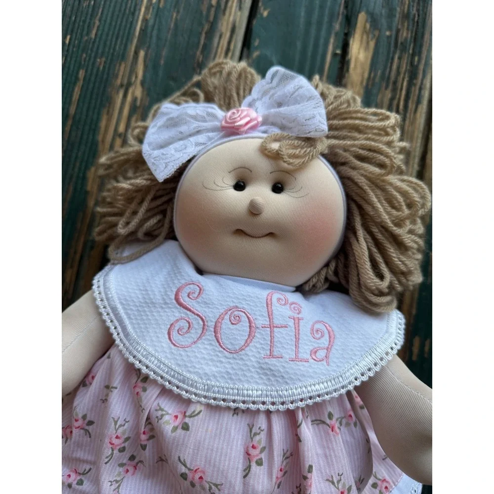 Handmade Sofia Personalized Rag Doll Pink Floral Dress Lace‎ Trim Plush 15 Inch